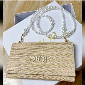 Dior Beauty Beige Straw Crossbody Bag with Pearl Strap NIB!